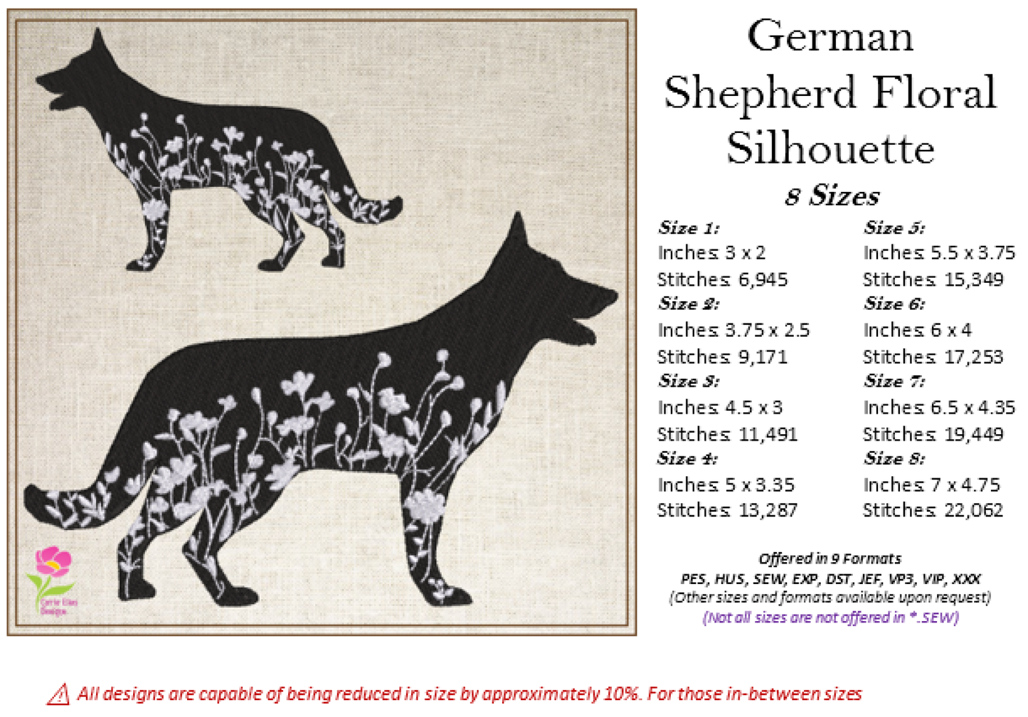 German Shepherd Floral Silhouette Bundle Machine Embroidery Design | Dog Silhouettes with Wildflowers | 3 Designs, 8 Sizes Each (0808)