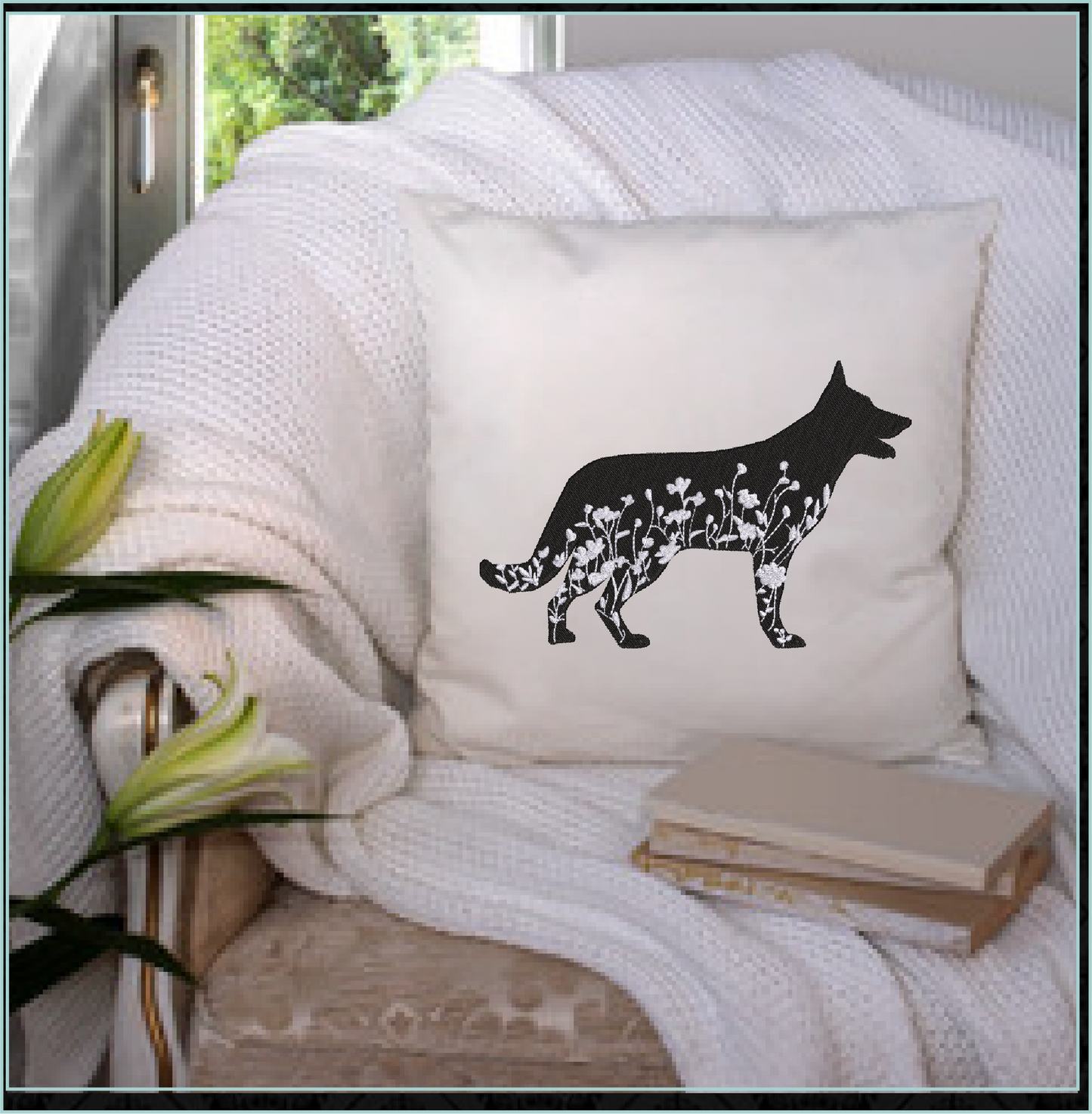 German Shepherd Floral Silhouette Bundle Machine Embroidery Design | Dog Silhouettes with Wildflowers | 3 Designs, 8 Sizes Each (0808)
