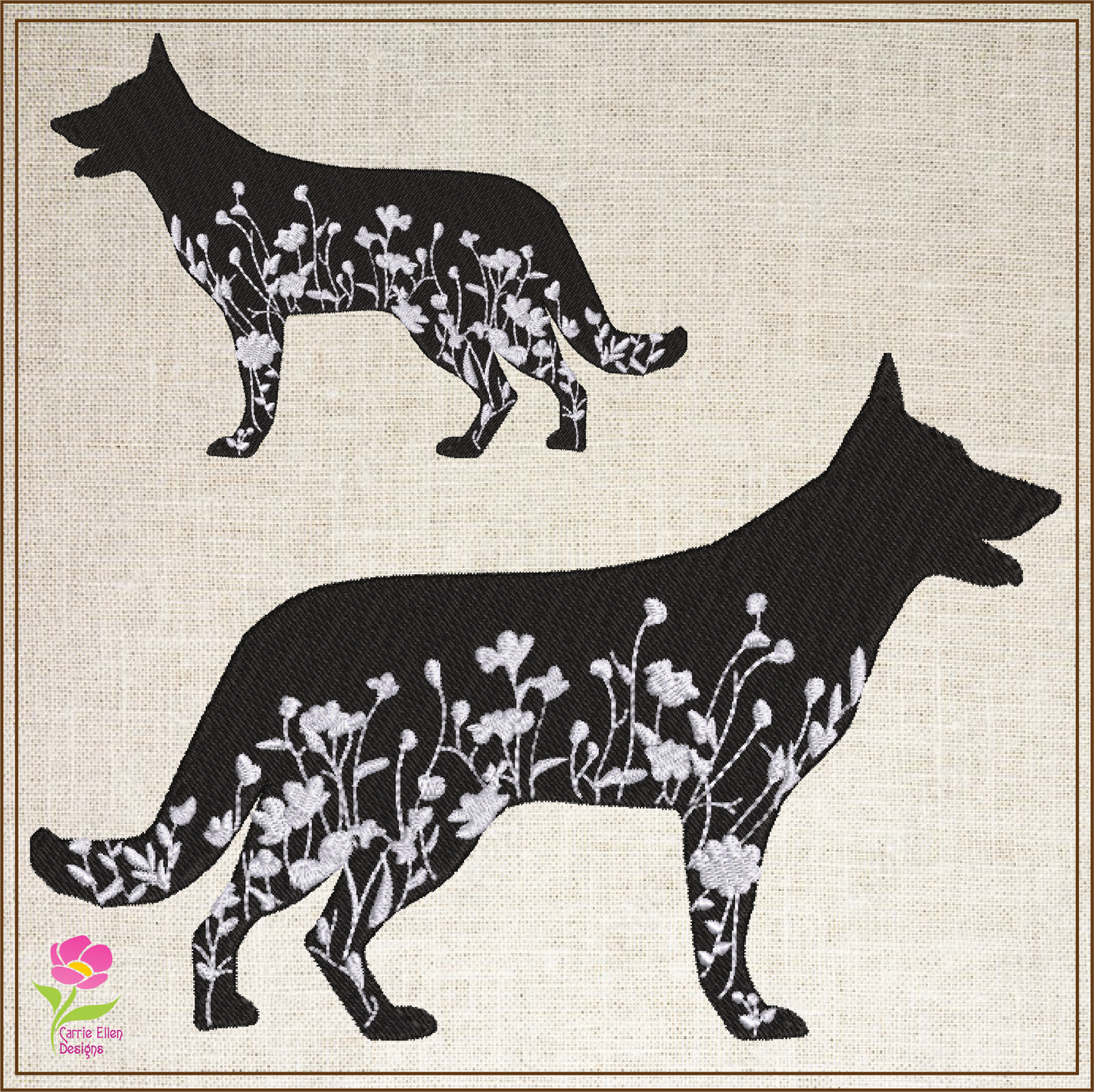 German Shepherd Floral Silhouette Machine Embroidery Design | Dog Silhouette with Wildflowers | Pet Lover Embroidery Design | 8 Sizes (0782)