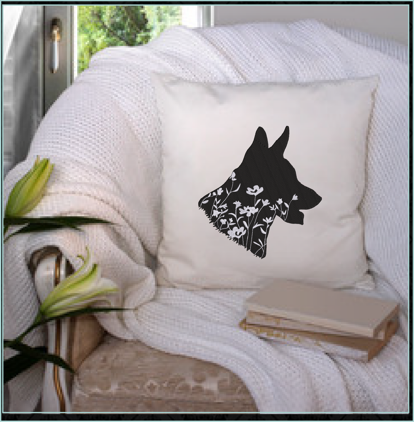 German Shepherd Floral Silhouette Machine Embroidery Design | Dog Silhouette with Wildflowers | German Shepherd Dog Lover Gift | 8 Sizes (0800)