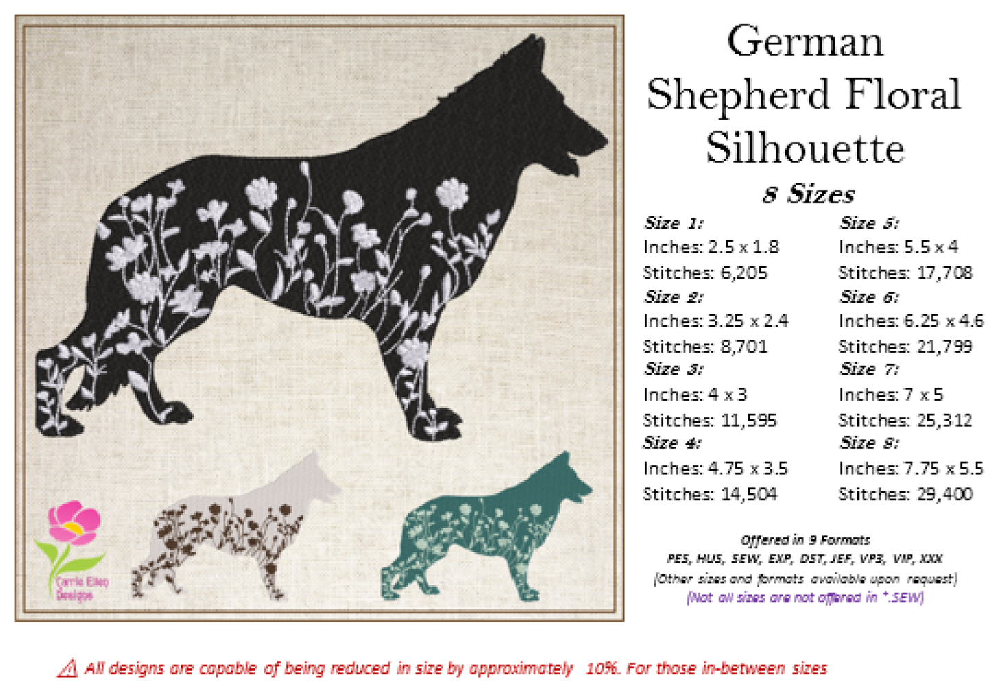 German Shepherd Floral Silhouette Bundle Machine Embroidery Design | Dog Silhouettes with Wildflowers | 3 Designs, 8 Sizes Each (0808)