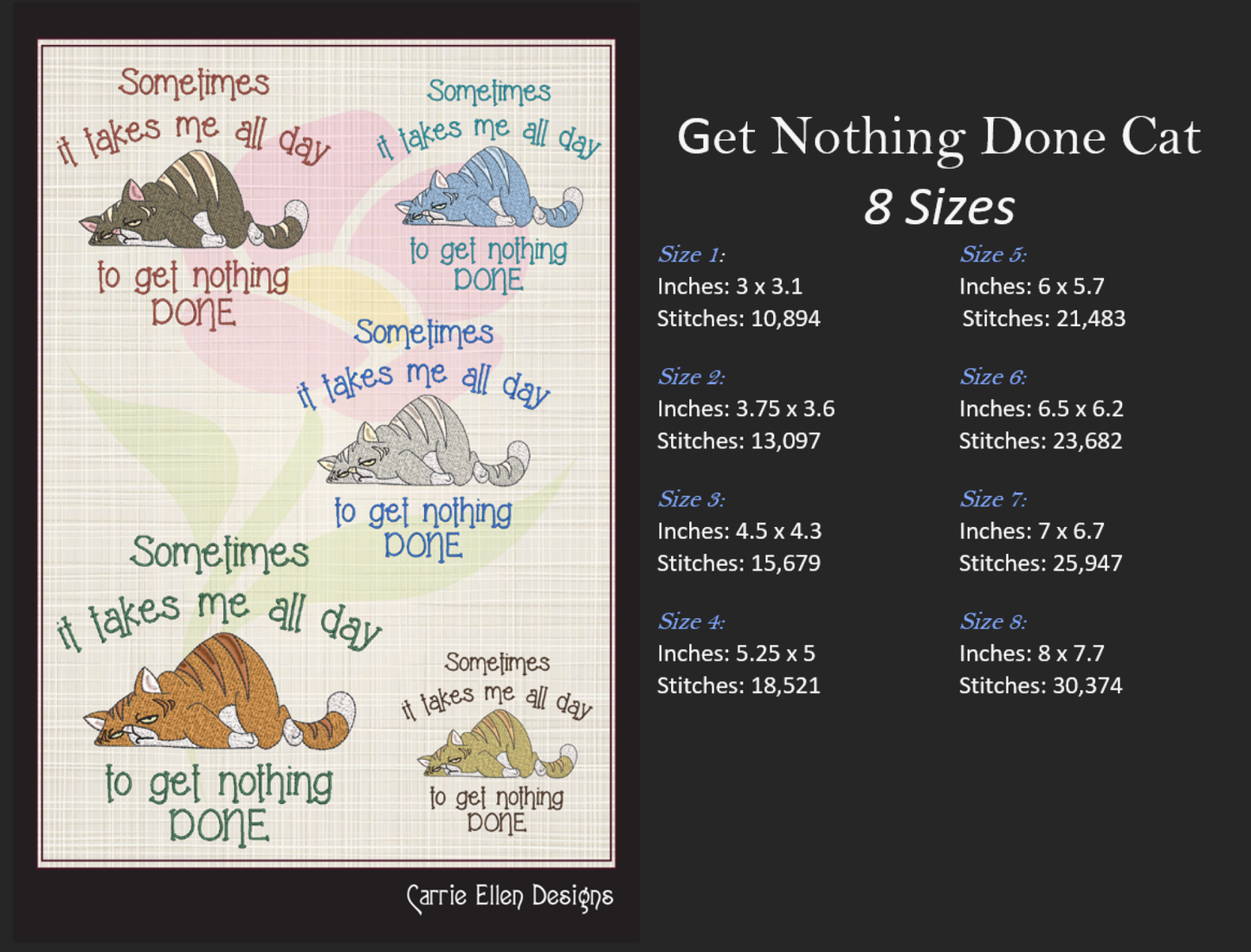 Get Nothing Done Cat Embroidery Design – Funny Cat Cartoon Saying, Cat Lover Gift, Machine Embroidery, 8 Sizes (1075)