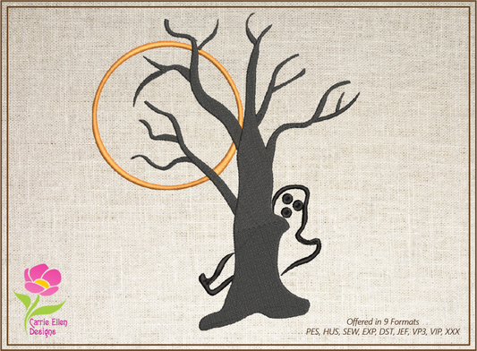 Spooky Tree Machine Embroidery Design – Halloween Ghost & Tree Stitch File, 10 Sizes (0150)