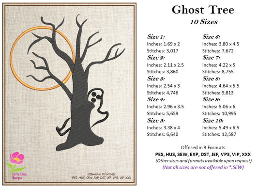 Spooky Tree Machine Embroidery Design – Halloween Ghost & Tree Stitch File, 10 Sizes (0150)
