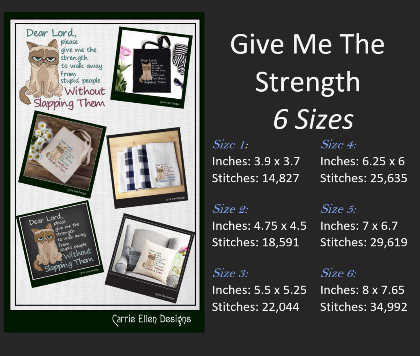 Dear Lord Give Me Strength Machine Embroidery Design | Grumpy Cat Sarcastic Quote | Slapping Stupid People Humor | 6 Sizes (1746)