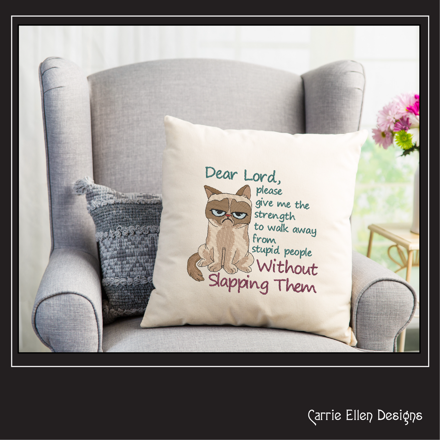 Dear Lord Give Me Strength Machine Embroidery Design | Grumpy Cat Sarcastic Quote | Slapping Stupid People Humor | 6 Sizes (1746)