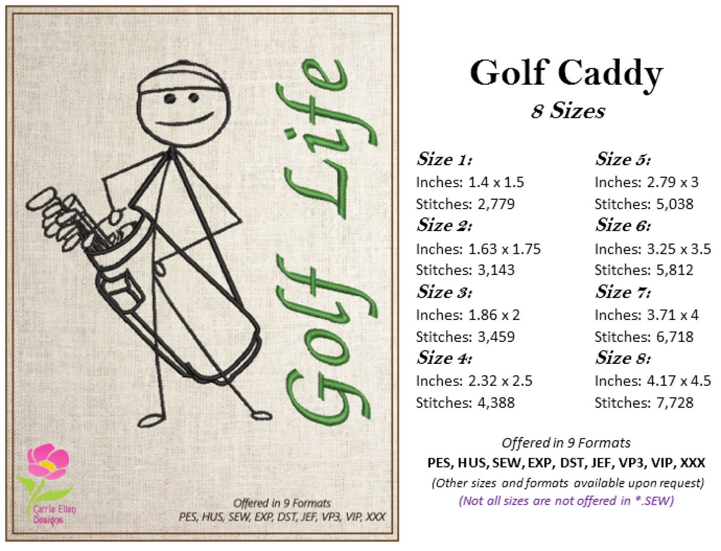 Golf Machine Embroidery Design, Golf Life Caddy Embroidery, Caddy Embroidery, Machine Embroidery Golf Player Embroidery, 8 Sizes (0287)