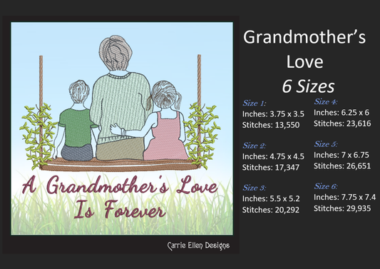 Grandmother Machine Embroidery Design – “A Grandmother’s Love is Forever” Swing Sketch Pattern – 6 Sizes (1610)