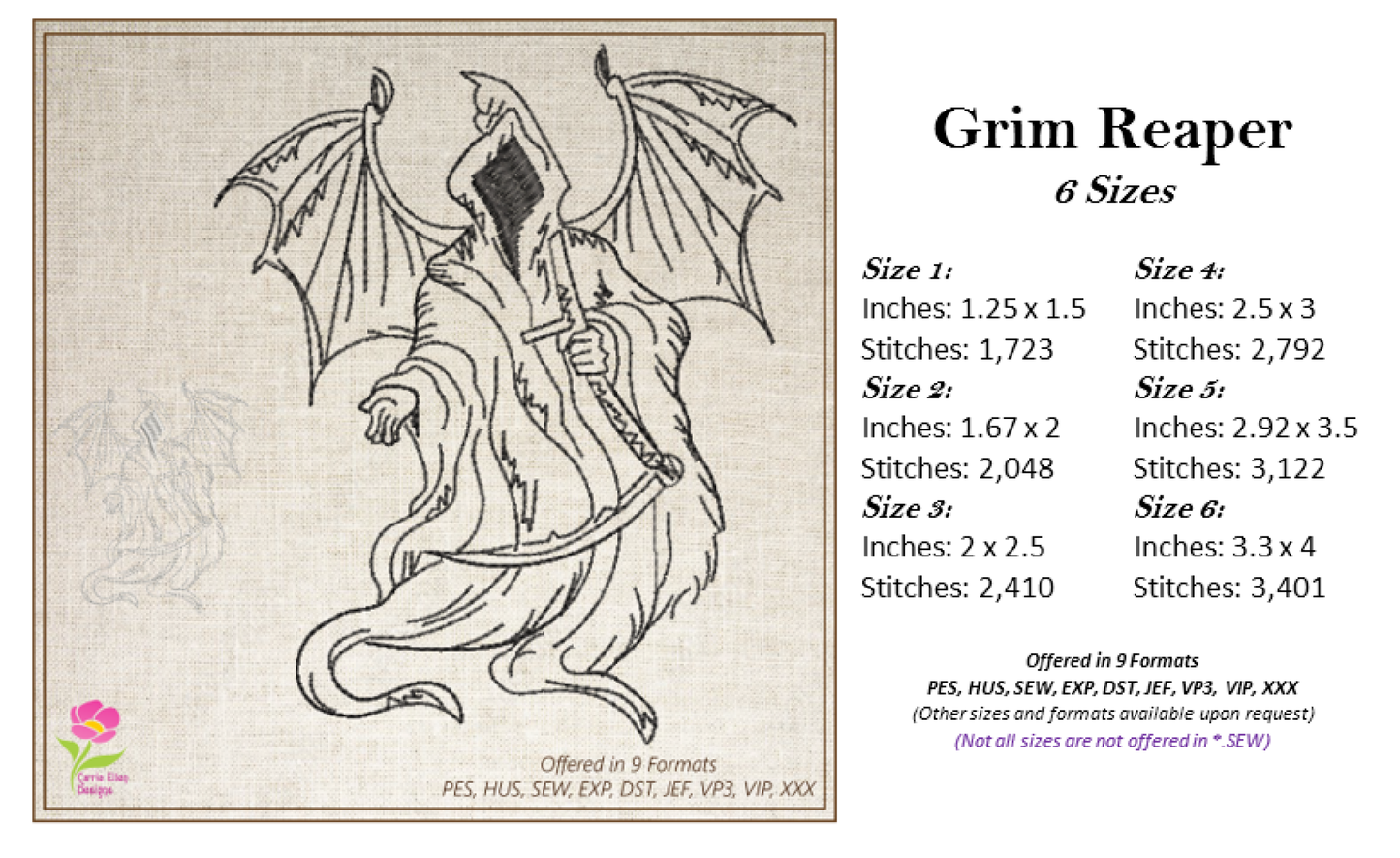 Grim Reaper Machine Embroidery Design – Death with Sickle Line Art – 6 Sizes (0154)
