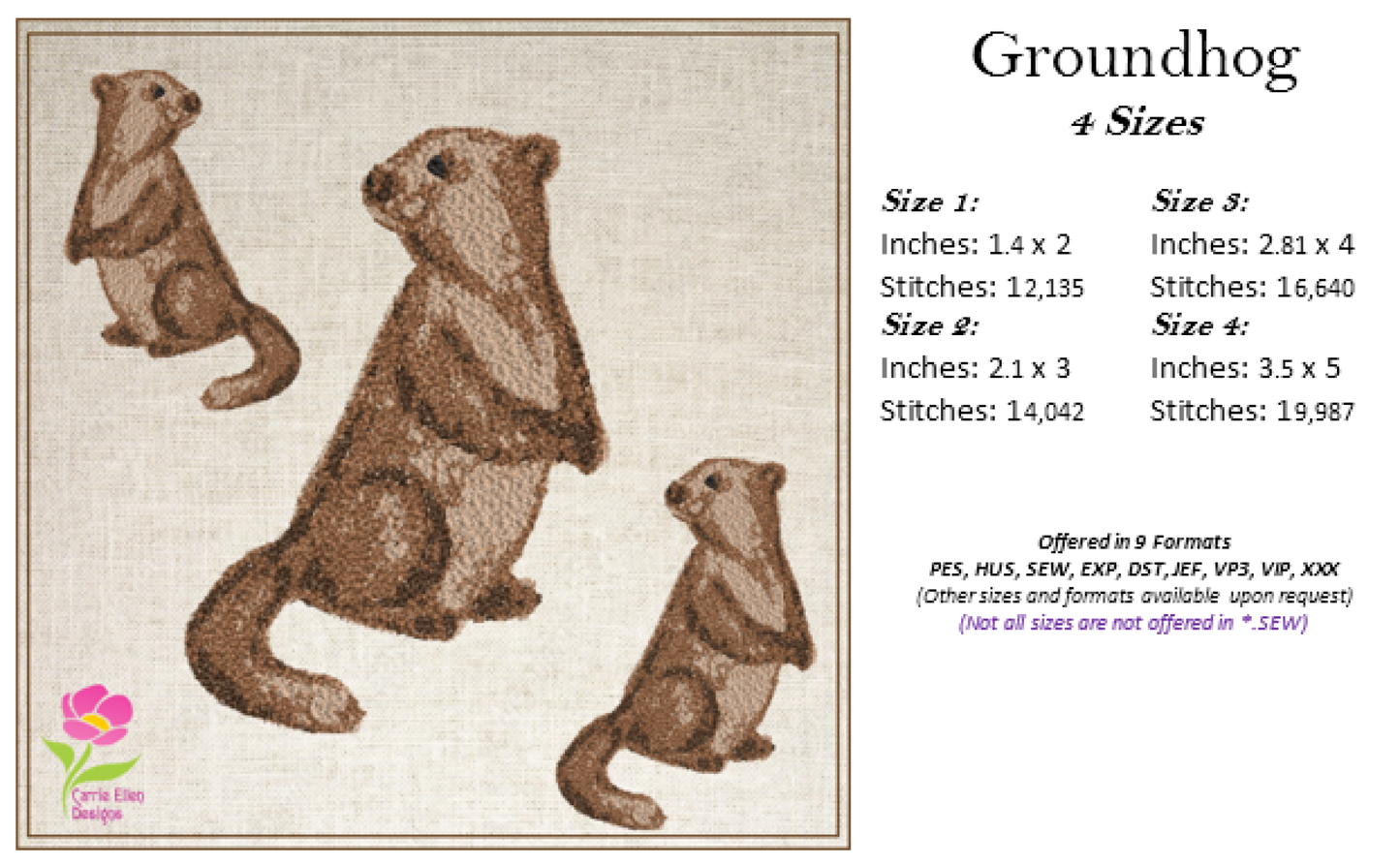 Groundhog Machine Embroidery Design, Badger Art Designs, Woodland Wildlife Animal, 4 Sizes (0421)