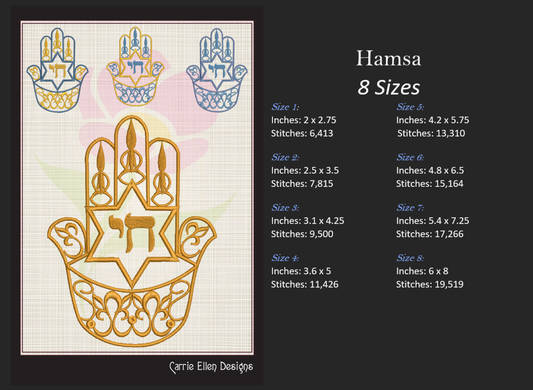 Hamsa with Hebrew Chai Symbol Machine Embroidery Design – Star of David Hand Symbol, Jewish Life Design, 8 Sizes (1006)