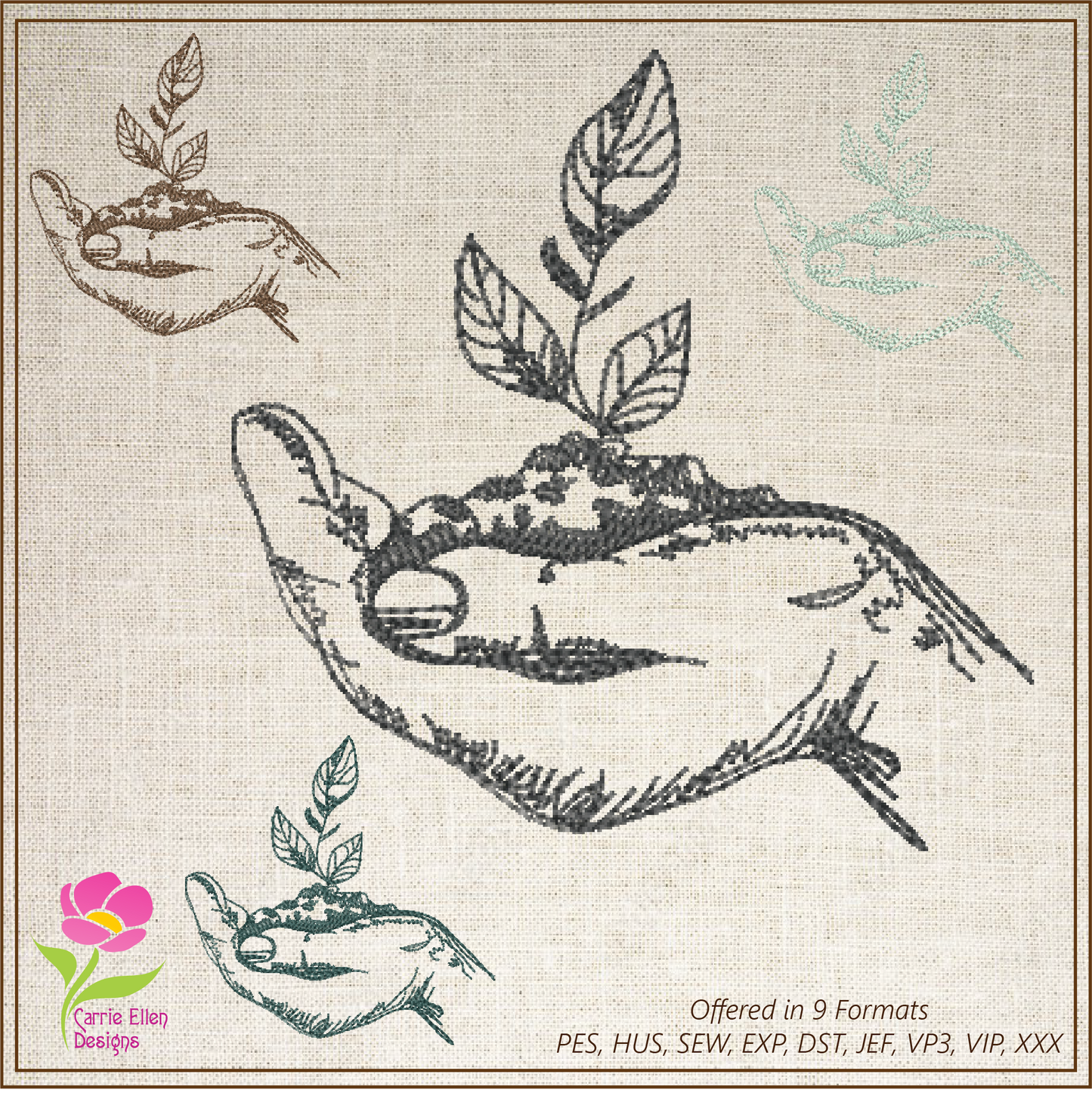 Hand Holding Soil with Plant Sapling Machine Embroidery Design Sketch, Seedling Line Art Design, Seedling Plant Embroidery, 8 Sizes (0250)