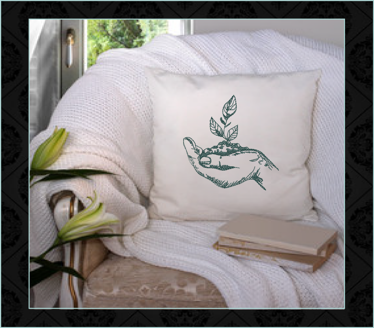Hand Holding Soil with Plant Sapling Machine Embroidery Design Sketch, Seedling Line Art Design, Seedling Plant Embroidery, 8 Sizes (0250)