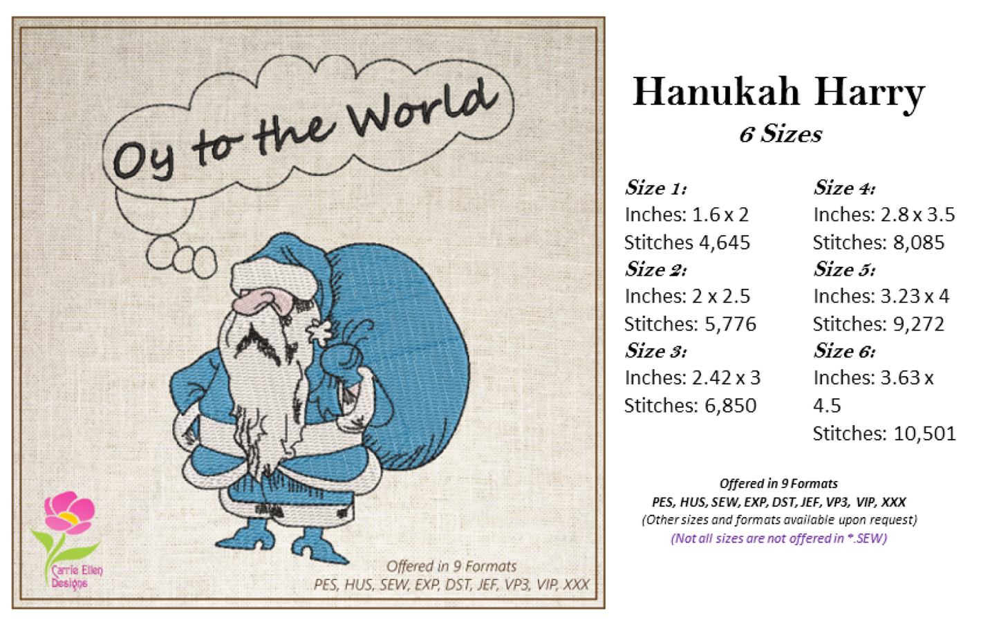 Hanukkah Harry Machine Embroidery Design – Chrismukkah Jewish Santa Pattern – 6 Sizes (0155)
