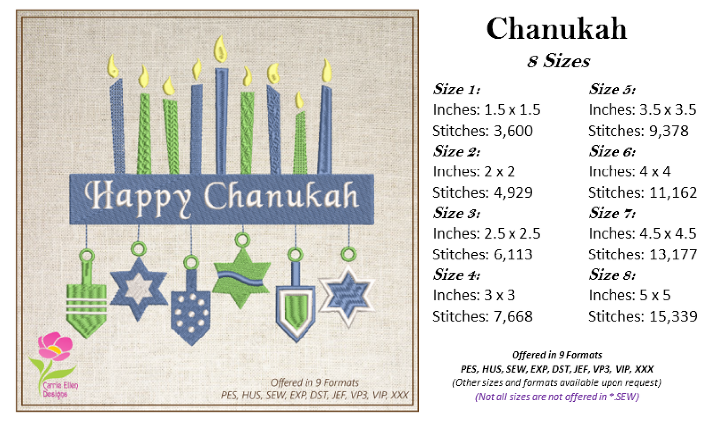 Happy Chanukah Machine Embroidery Design – Menorah with Star of David Pattern – 8 Sizes (0156)