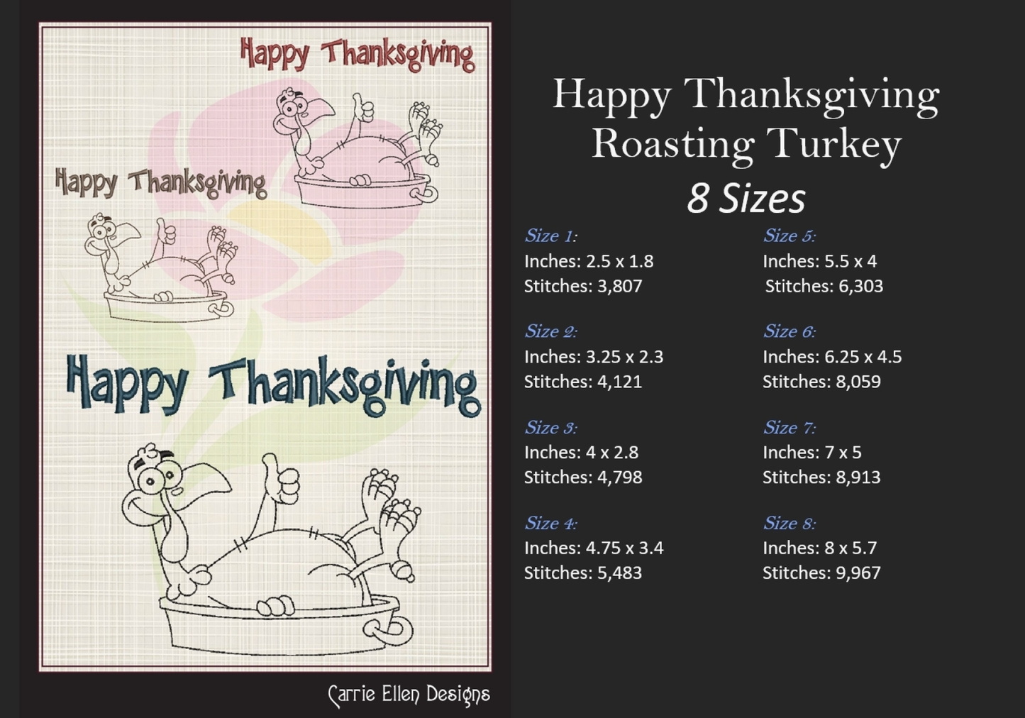 Happy Thanksgiving Roasting Turkey Machine Embroidery Design – Funny Holiday Dinner Pattern, 8 Sizes (1022)