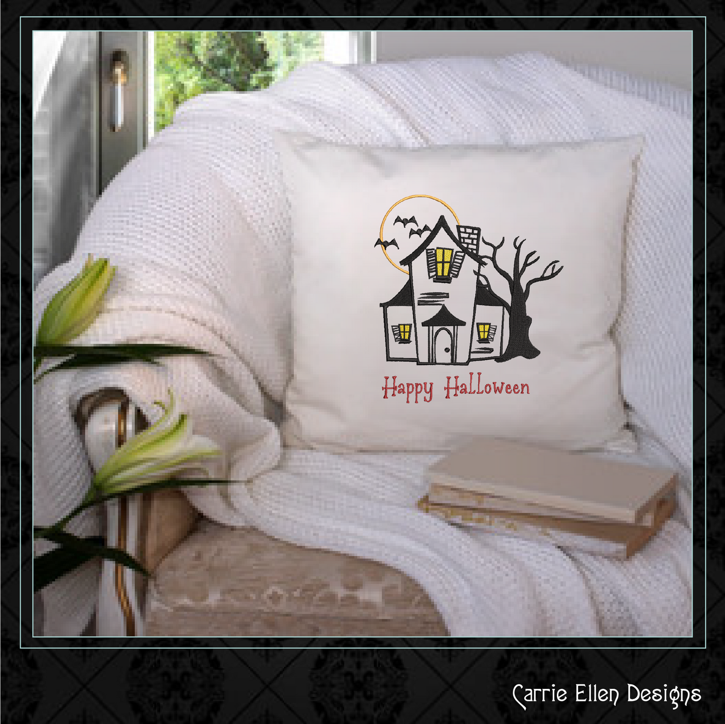 Haunted House Machine Embroidery Design, Halloween Embroidery Design, Halloween House Embroidery Design, 6 Sizes (0877)