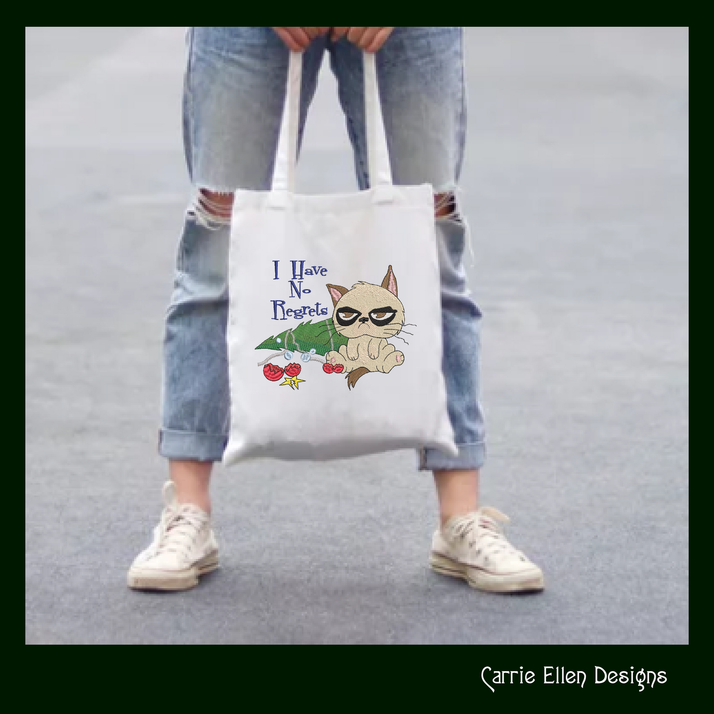 I Have No Regrets Grumpy Cat Machine Embroidery Design – Funny Christmas Tree Holiday Saying, 6 Sizes (1060)