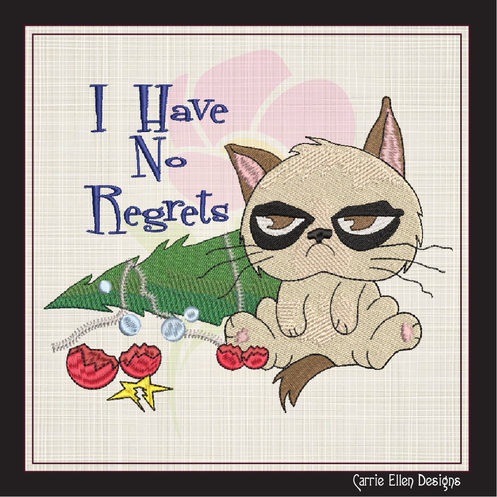 I Have No Regrets Grumpy Cat Machine Embroidery Design – Funny Christmas Tree Holiday Saying, 6 Sizes (1060)