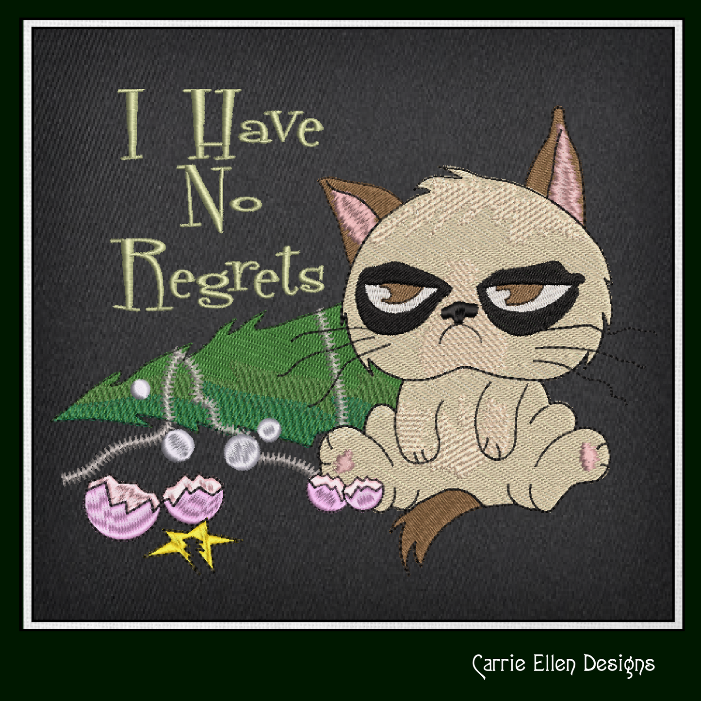 I Have No Regrets Grumpy Cat Machine Embroidery Design – Funny Christmas Tree Holiday Saying, 6 Sizes (1060)