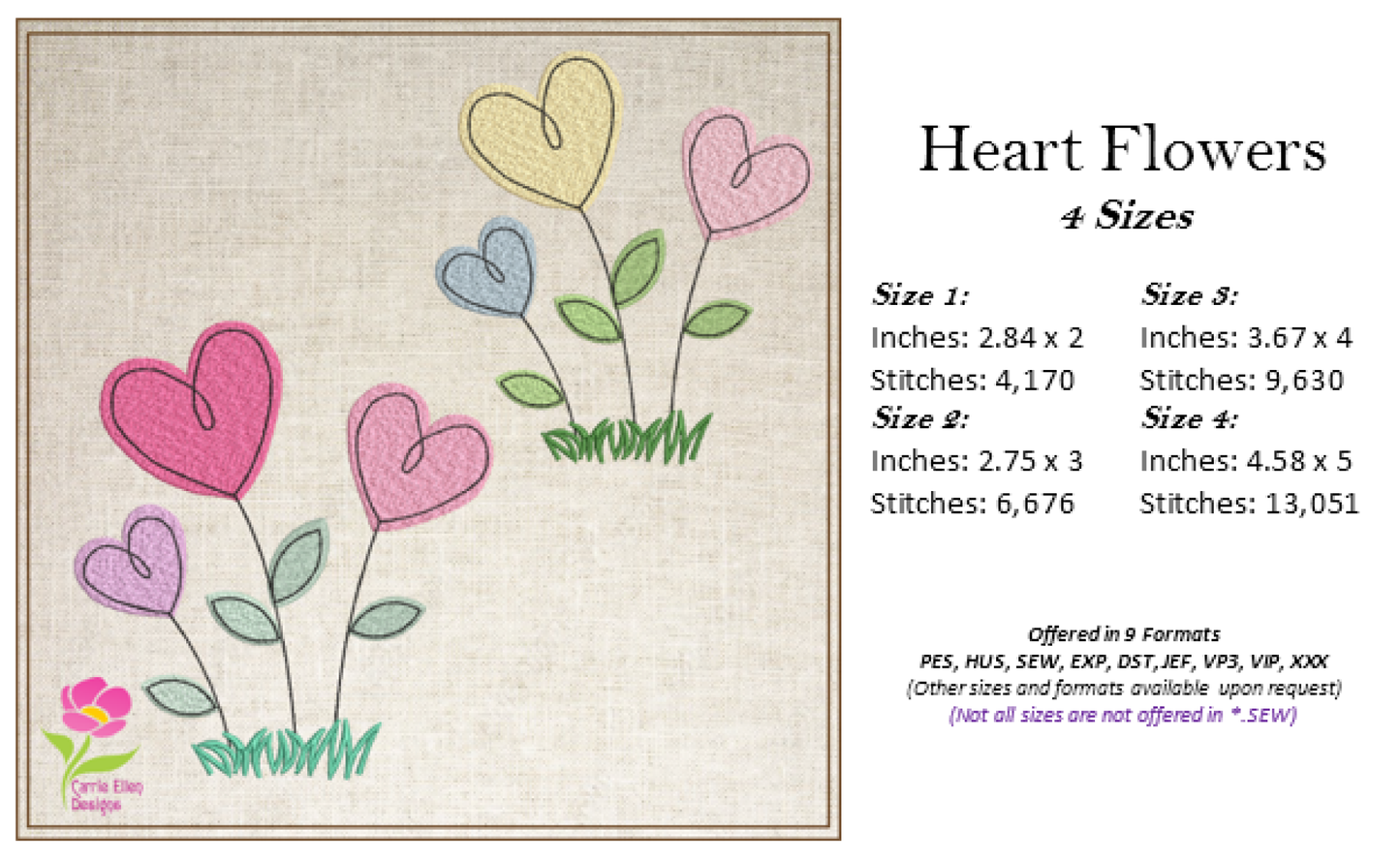 Heart Flowers Machine Embroidery Design | Valentine's Day Love Garden Flowers | 4 Sizes (0409)