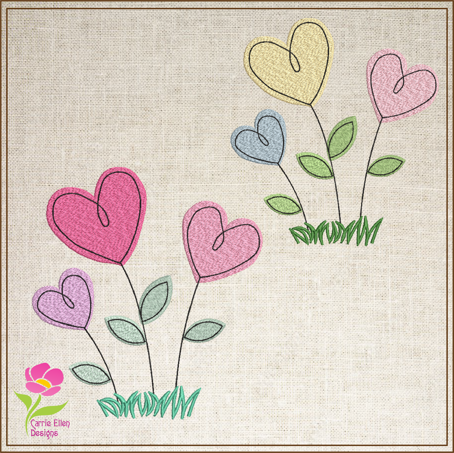 Heart Flowers Machine Embroidery Design | Valentine's Day Love Garden Flowers | 4 Sizes (0409)