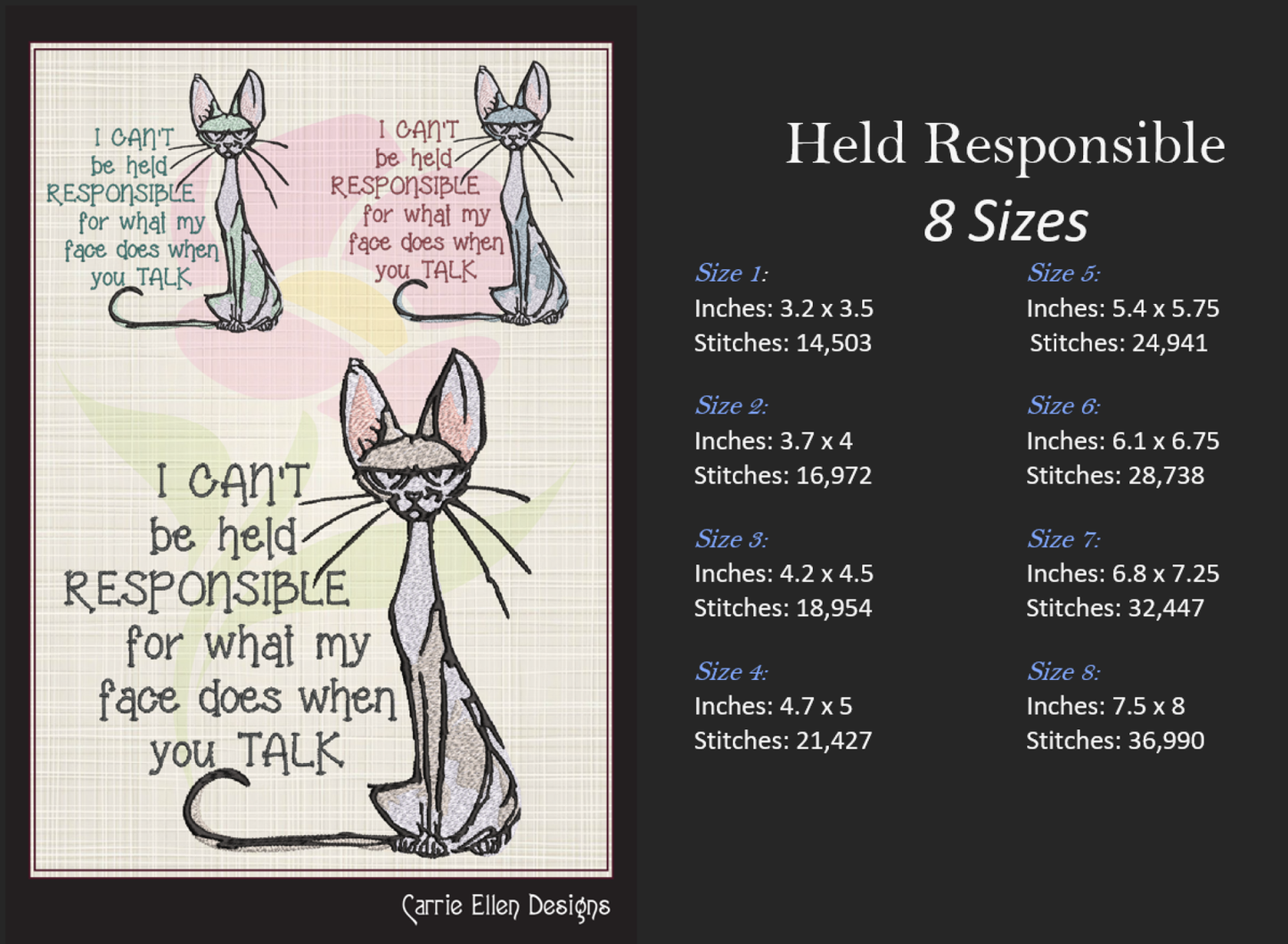 Can't Be Held Responsible Cat Machine Embroidery Design – Funny Snarky Kitty Quote, 8 Sizes (1011)