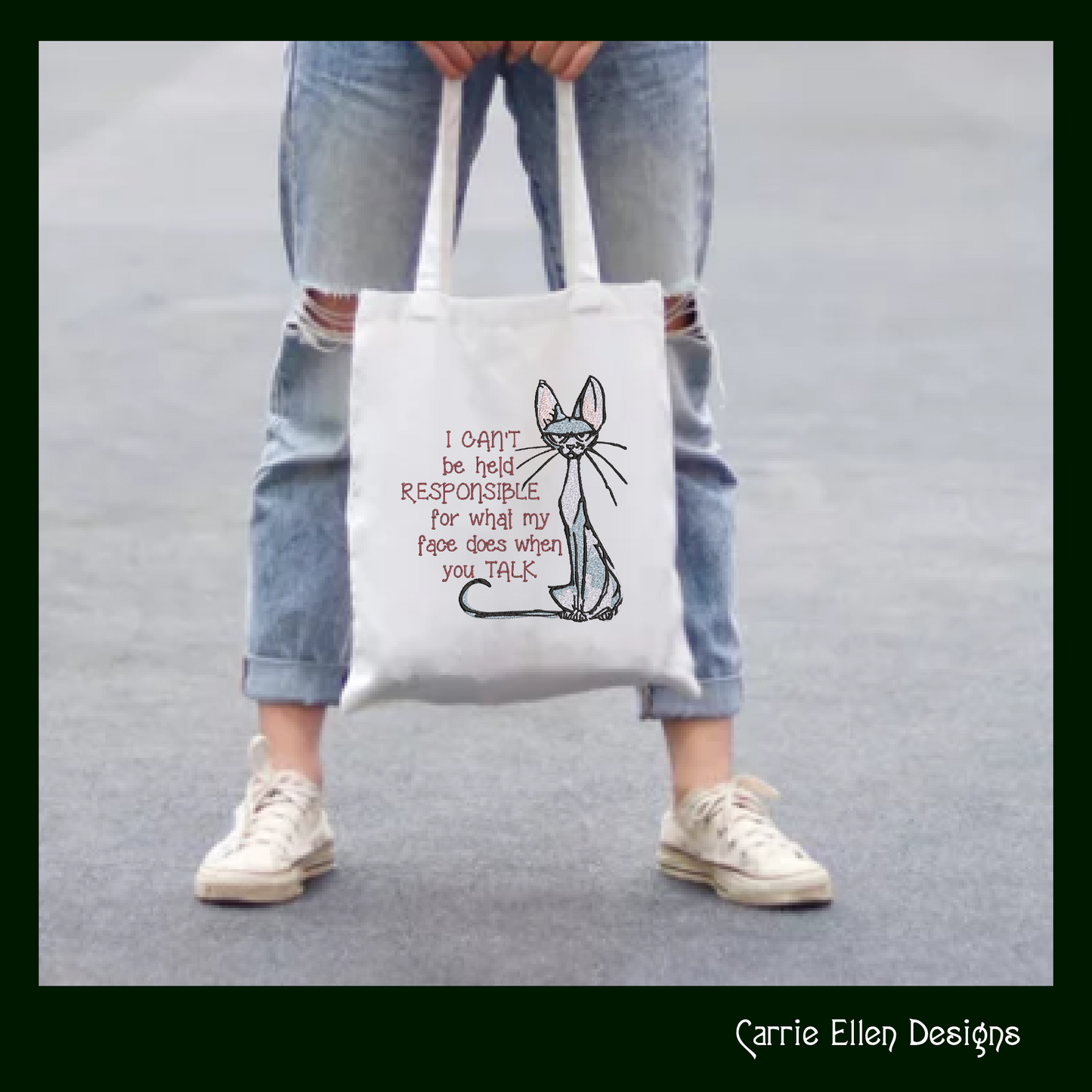 Can't Be Held Responsible Cat Machine Embroidery Design – Funny Snarky Kitty Quote, 8 Sizes (1011)