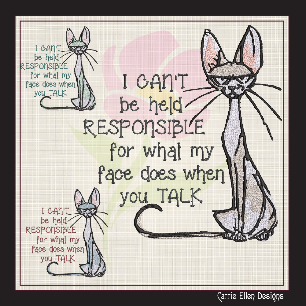 Can't Be Held Responsible Cat Machine Embroidery Design – Funny Snarky Kitty Quote, 8 Sizes (1011)