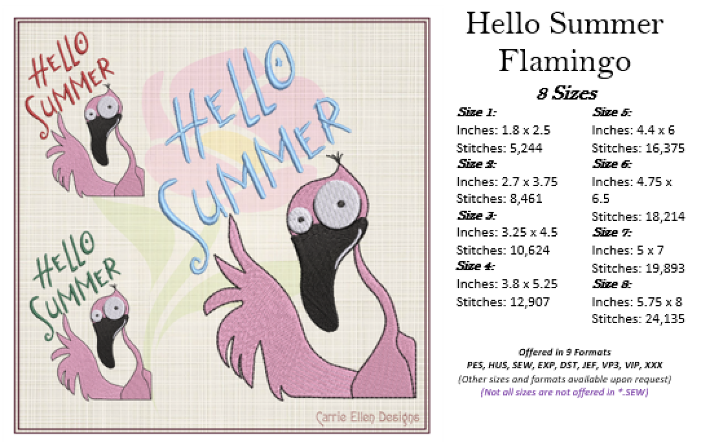 Hello Summer Flamingo Machine Embroidery Design | Funny Summer Sayings | Tropical Bird Embroidery | 8 Sizes (0822)