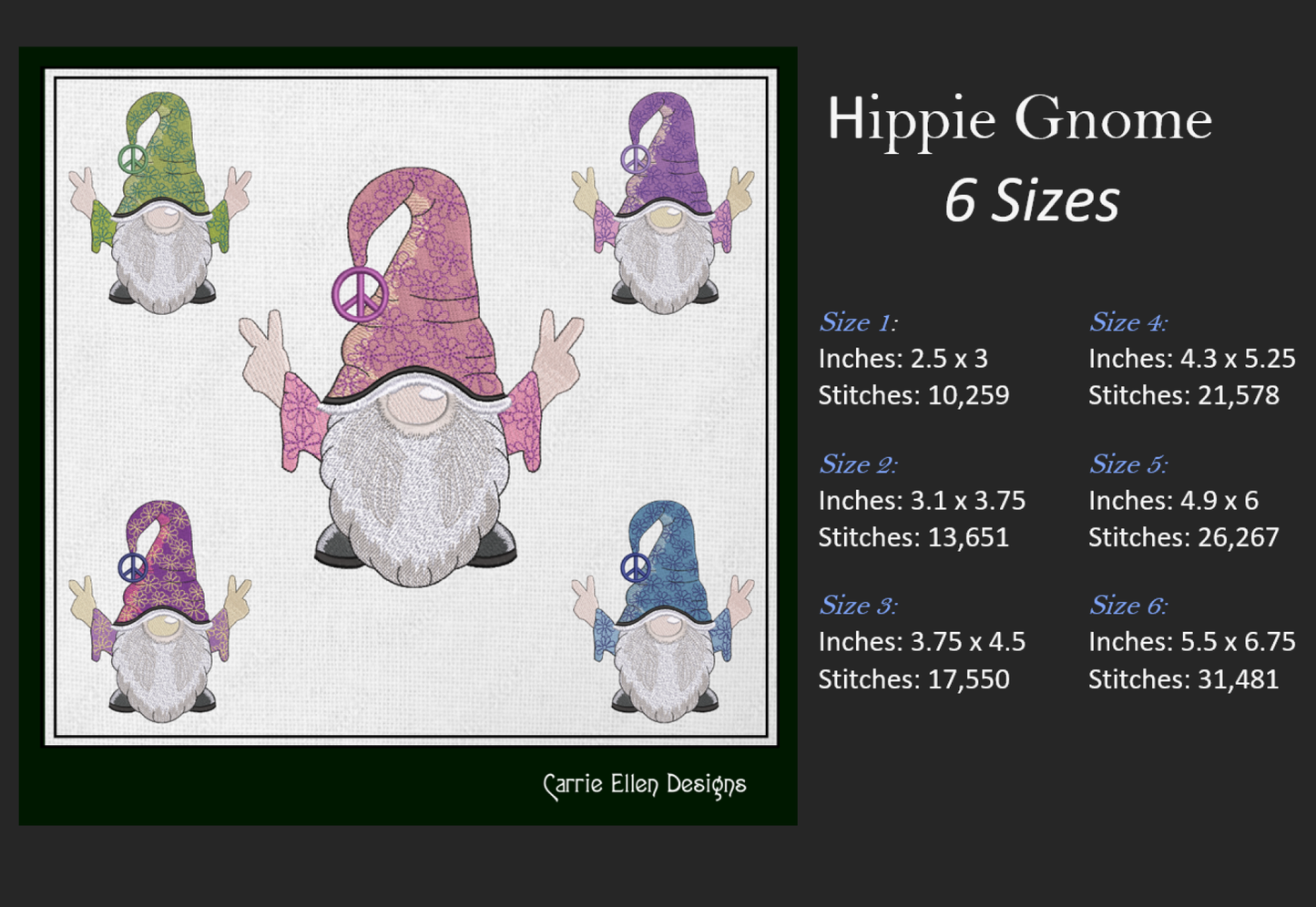 Hippie Gnome Machine Embroidery Design – Peace and Love, Hipster Gnome, 6 Sizes (1239)