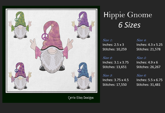 Hippie Gnome Machine Embroidery Design – Peace and Love, Hipster Gnome, 6 Sizes (1239)