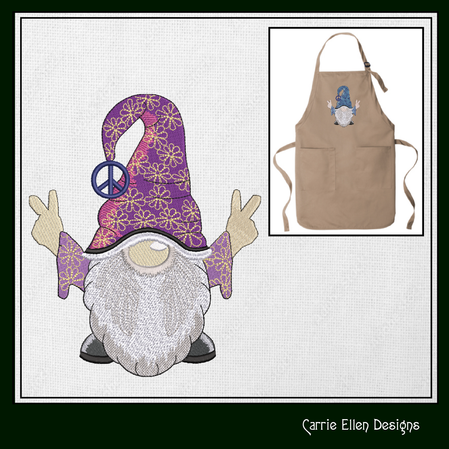 Hippie Gnome Machine Embroidery Design – Peace and Love, Hipster Gnome, 6 Sizes (1239)