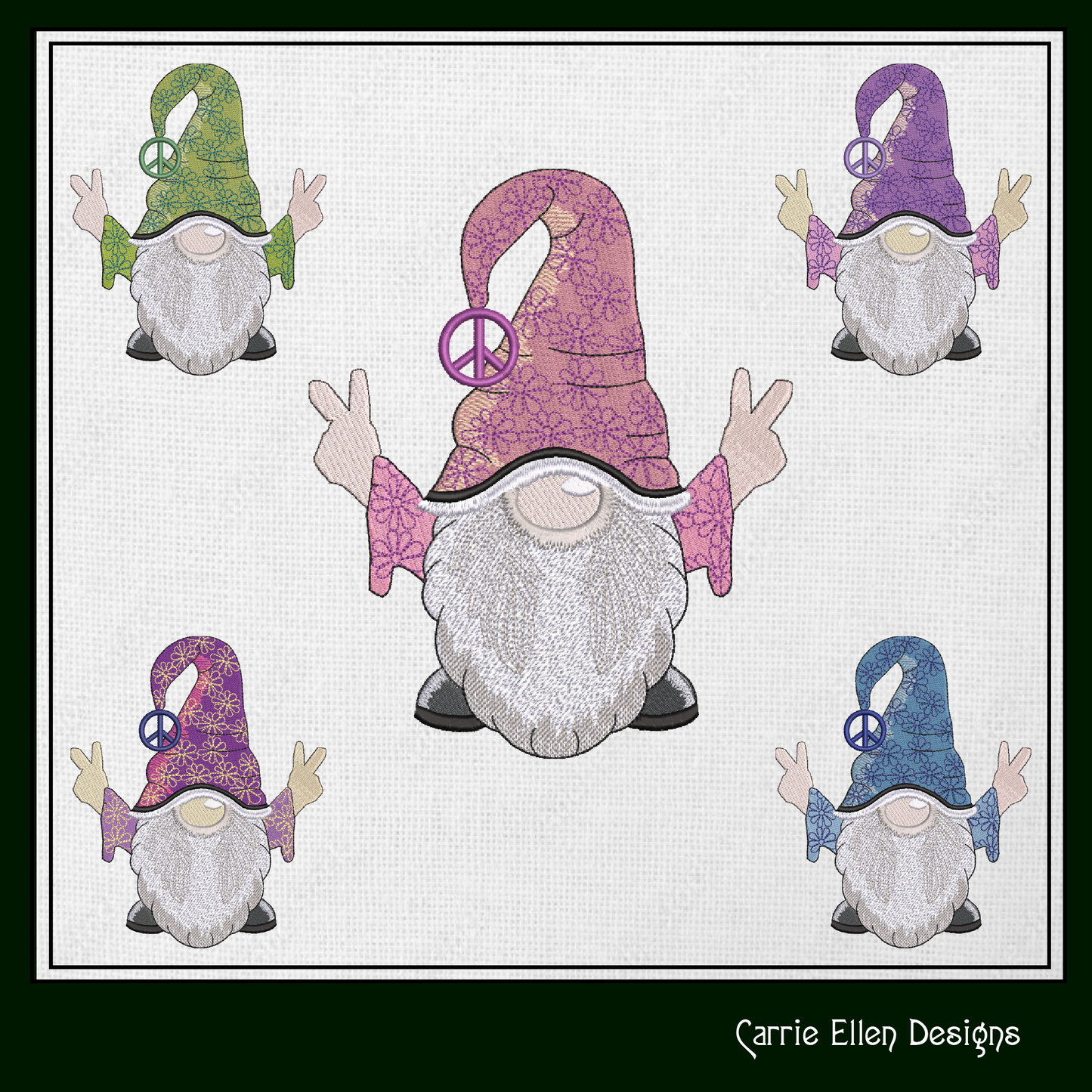 Hippie Gnome Machine Embroidery Design – Peace and Love, Hipster Gnome, 6 Sizes (1239)
