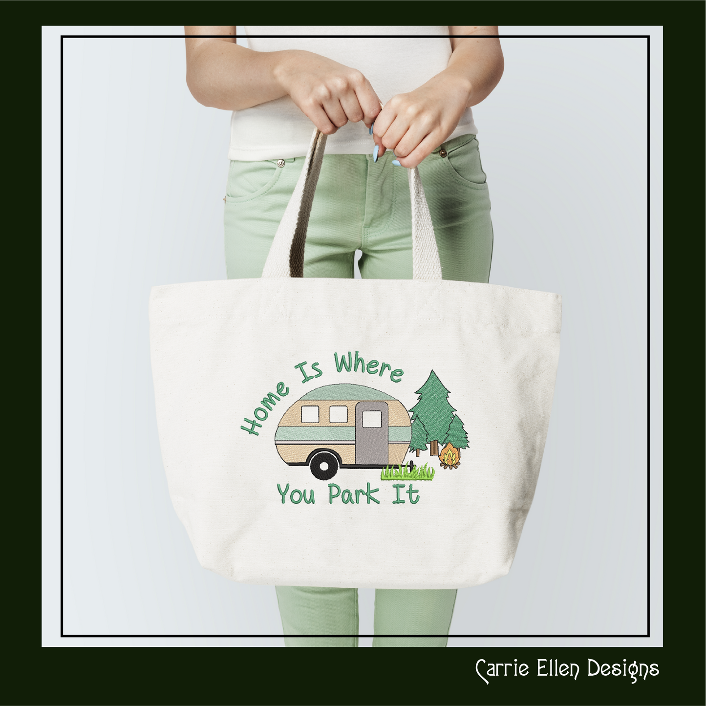 Fun Camping Machine Embroidery Design Saying – Home is Where You Park It, Humorous Campfire and Camper Design, 6 Sizes (1238)