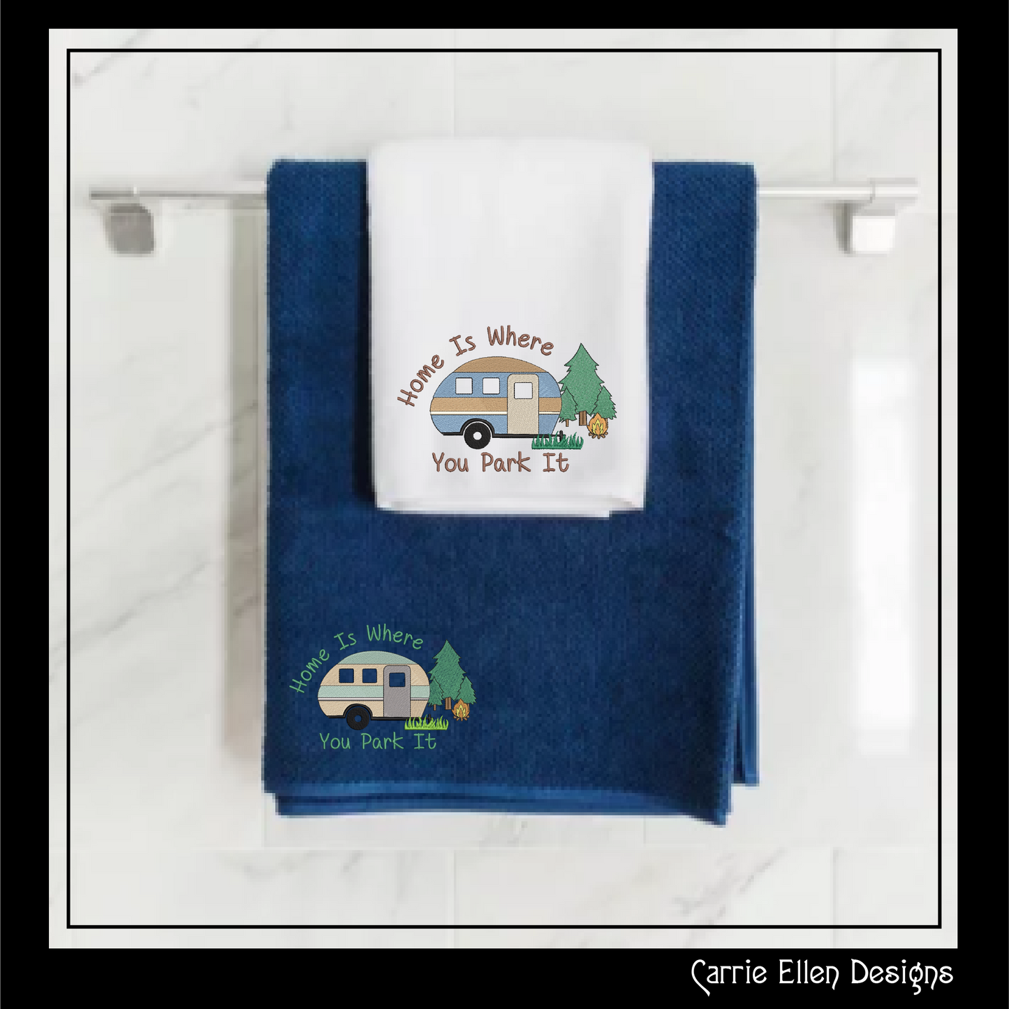Fun Camping Machine Embroidery Design Saying – Home is Where You Park It, Humorous Campfire and Camper Design, 6 Sizes (1238)