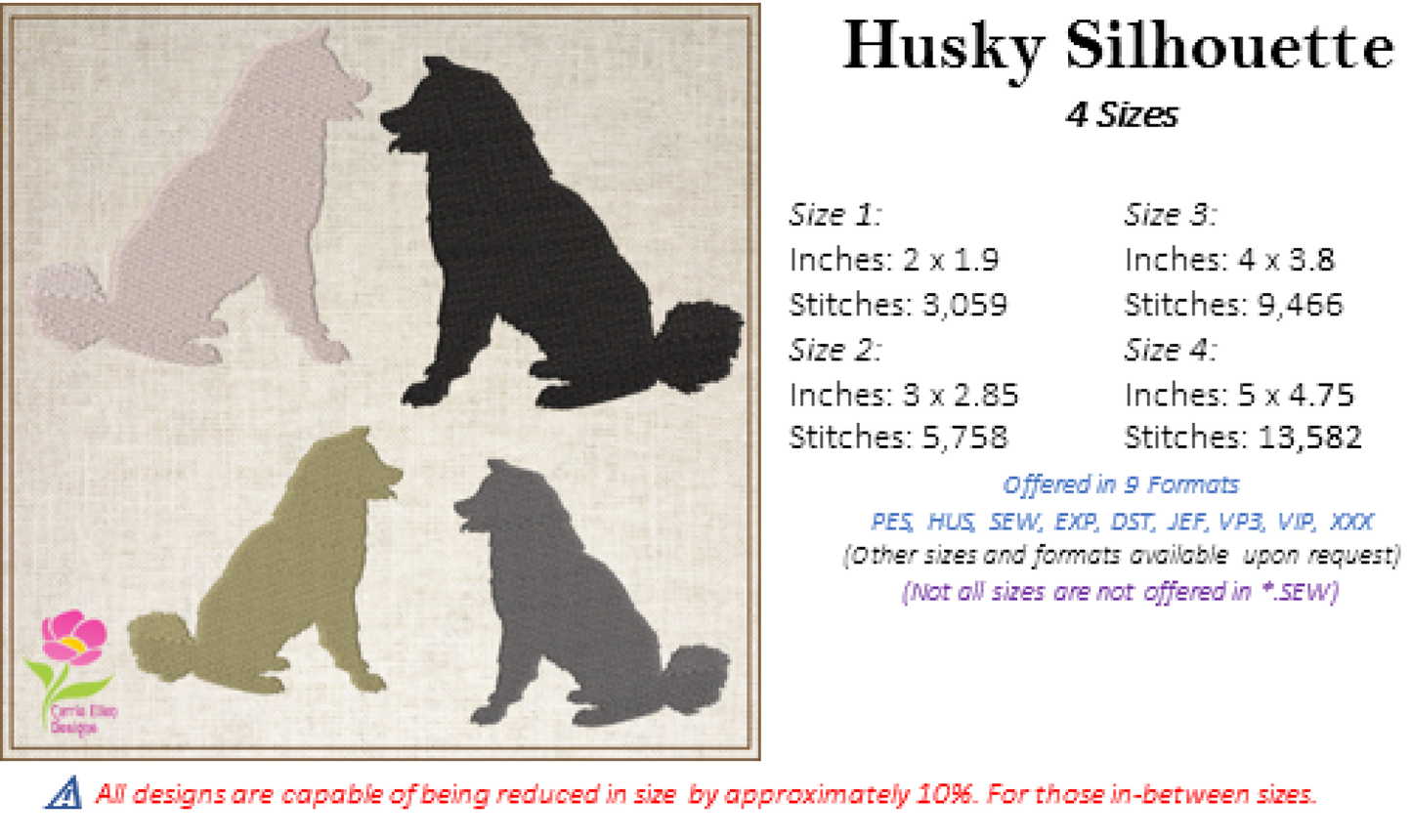 Husky Dog Breed Silhouette Machine Embroidery Design | Working Dog Animal Embroidery Design | 4 Sizes (0577)