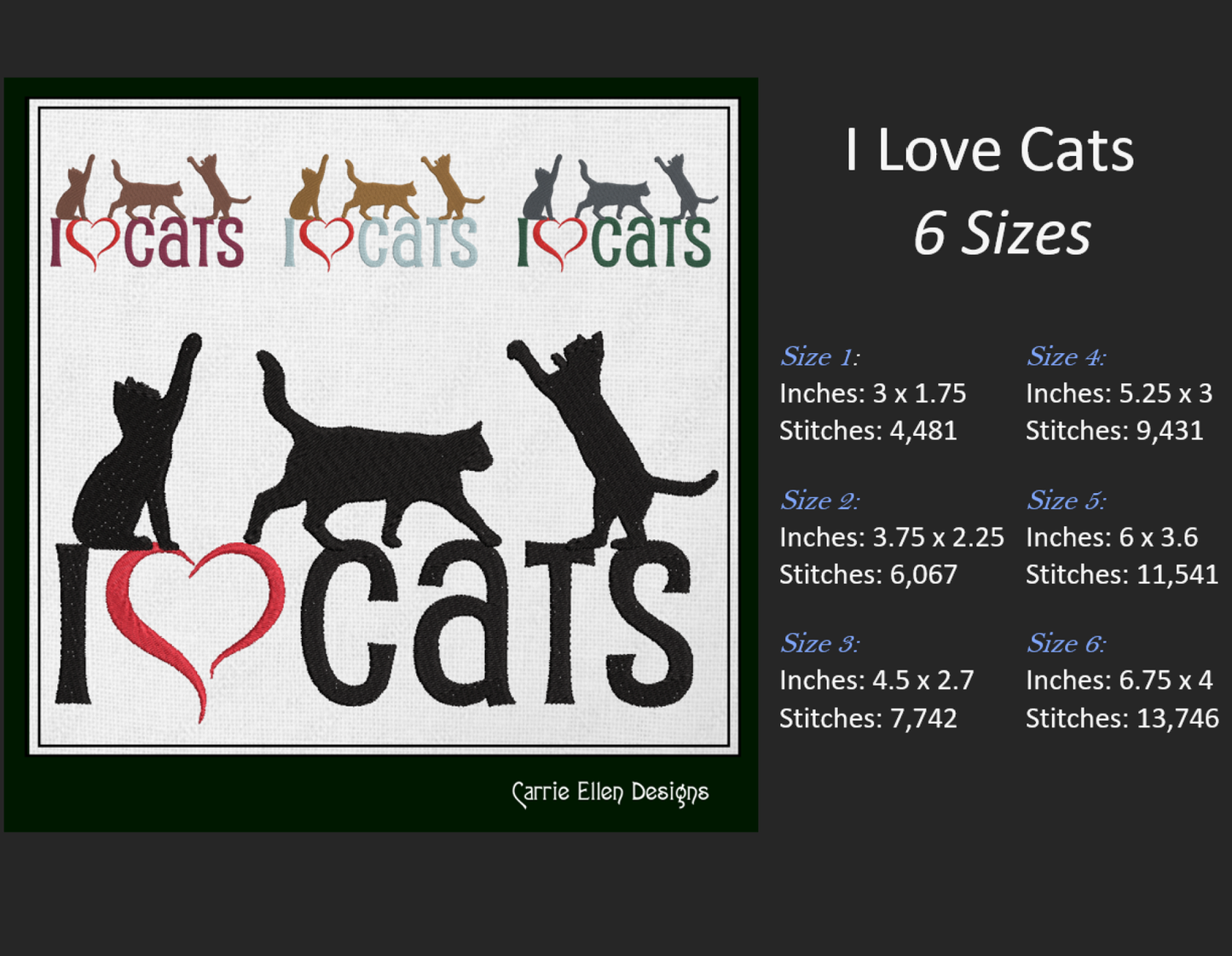 I Love Cats Machine Embroidery Design – I Heart Cats Silhouette Pattern – 6 Sizes (1256)