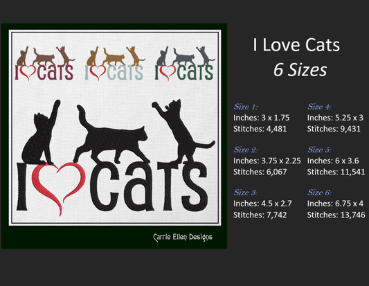 I Love Cats Machine Embroidery Design – I Heart Cats Silhouette Pattern – 6 Sizes (1256)