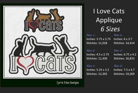 I Love Cats Machine Embroidery Applique Design – I Heart Cats Silhouette Pattern – 6 Sizes (1255)