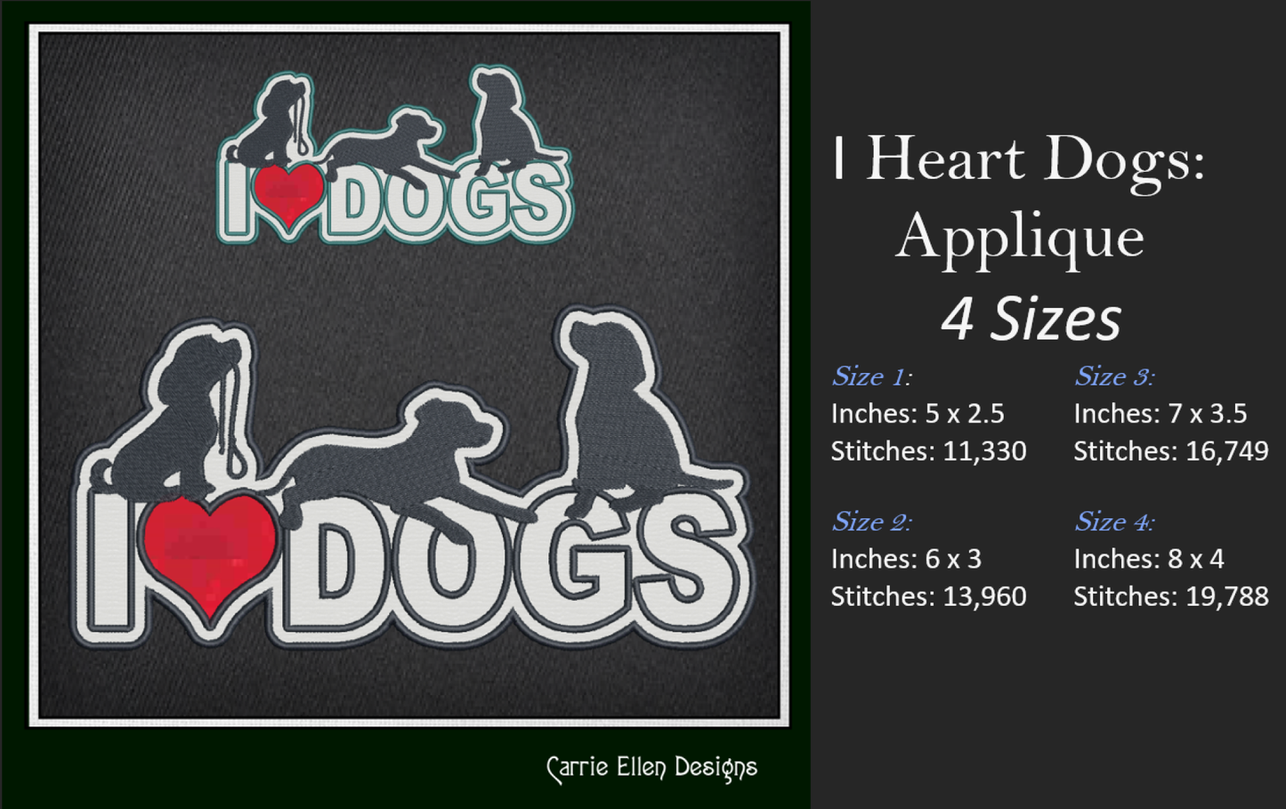 I Love Dogs Machine Embroidery Applique Design – I Heart Dogs Silhouette Pattern – 6 Sizes (1250)