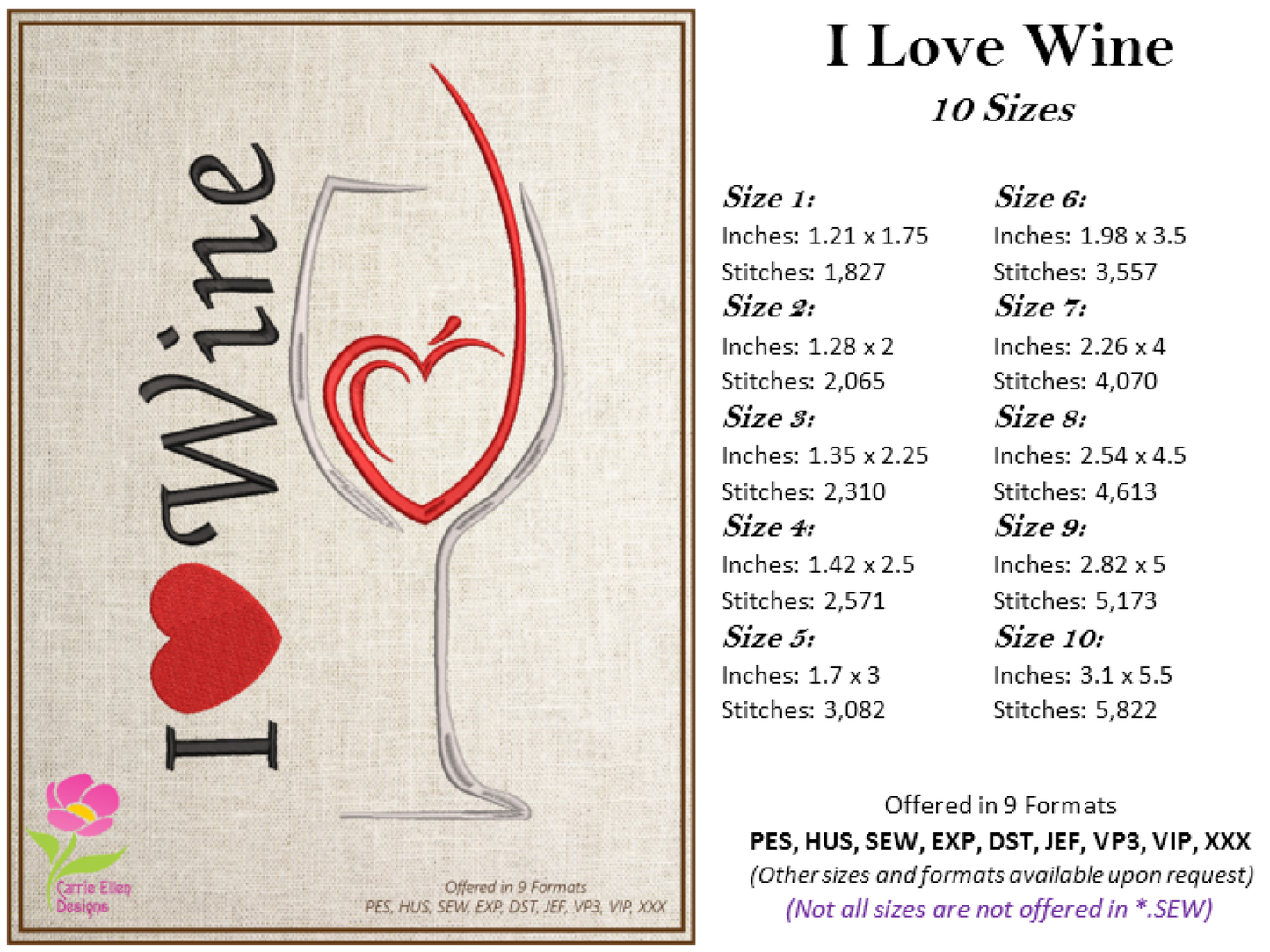 I Love Wine Machine Embroidery Design | Wine Lover Embroidery Pattern | Wine Glass & Heart Stitch Design | 10 Sizes (0627)