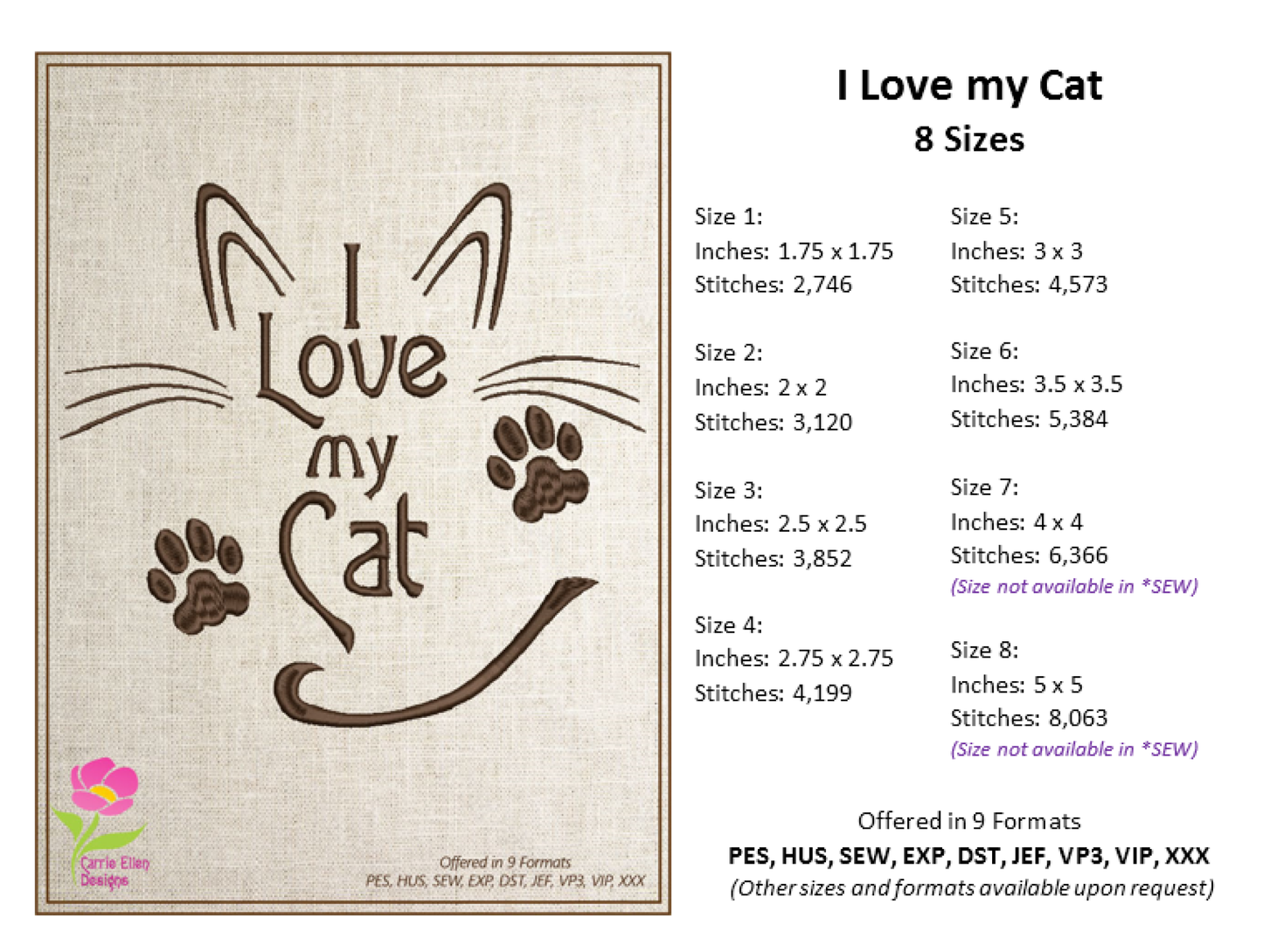 Cat Machine Embroidery Design, I Love my Cat Embroidery Quotes and Sayings, Animal Pet Embroidery Design, 8 Sizes (0893)