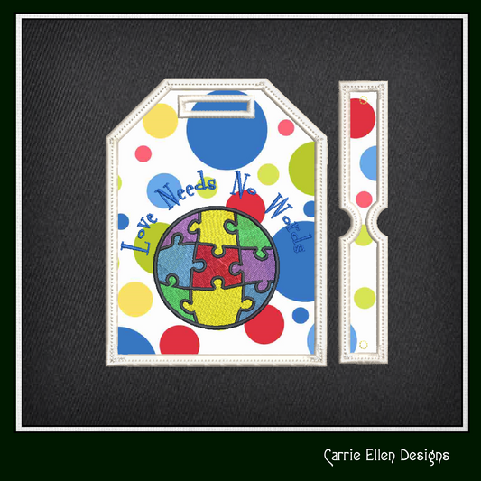 Autism Awareness Bag and Luggage Tag Machine Embroidery Design | Love Needs No Words Puzzle Heart ITH Project (1471)