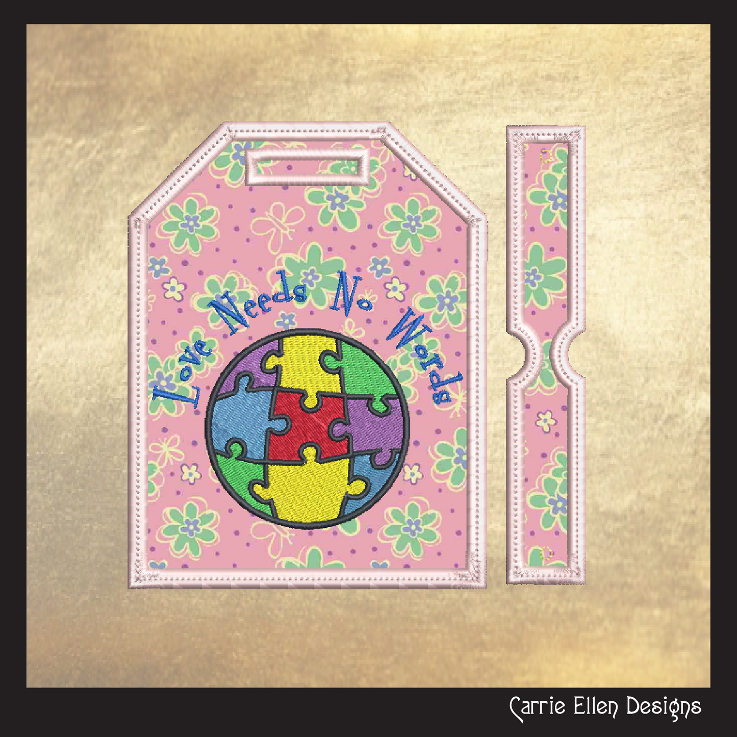 Autism Awareness Bag and Luggage Tag Machine Embroidery Design | Love Needs No Words Puzzle Globe ITH Project (1465)