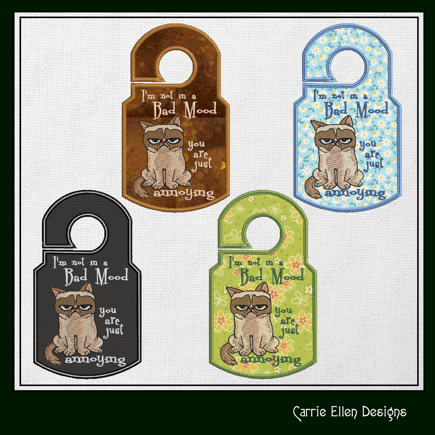 Bad Mood Cat ITH Door Knob Hanger Machine Embroidery Design, Grumpy Cat In The Hoop Door Sign Project (1425)
