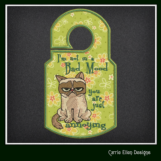 Bad Mood Cat ITH Door Knob Hanger Machine Embroidery Design, Grumpy Cat In The Hoop Door Sign Project (1425)