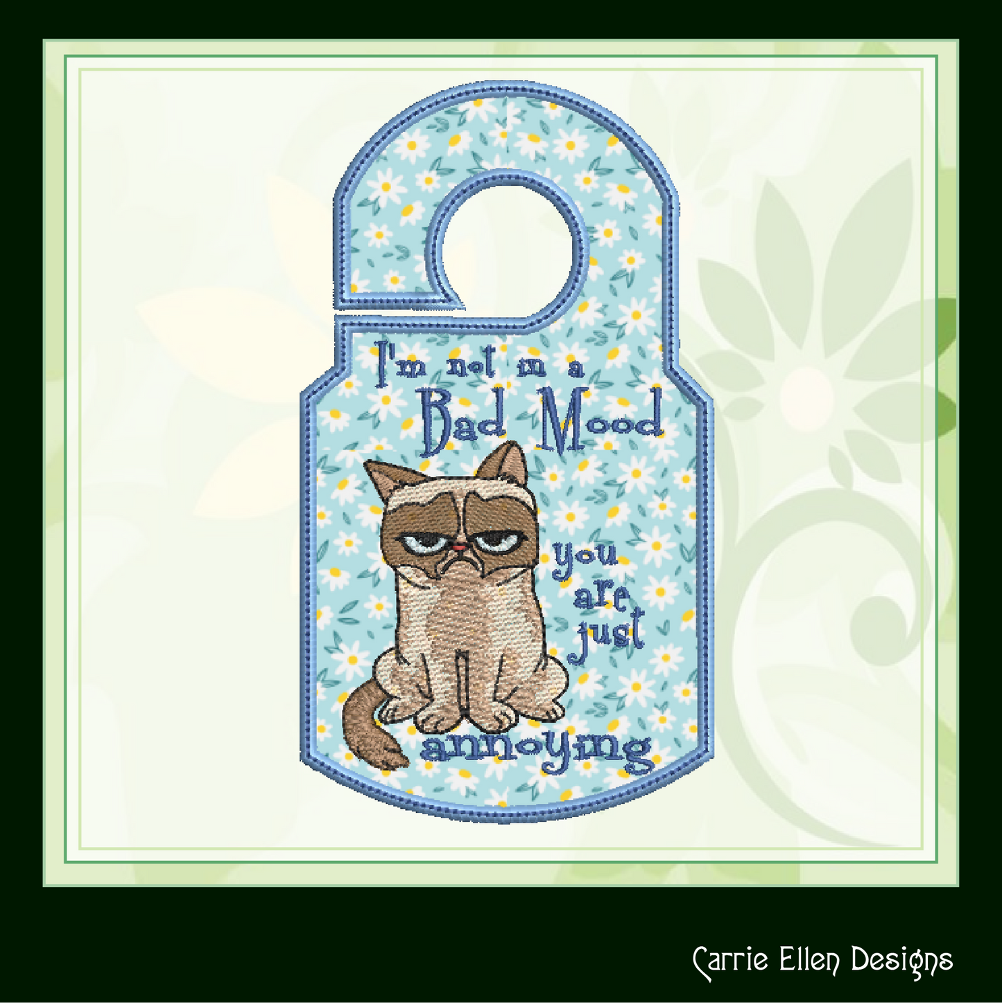 Bad Mood Cat ITH Door Knob Hanger Machine Embroidery Design, Grumpy Cat In The Hoop Door Sign Project (1425)