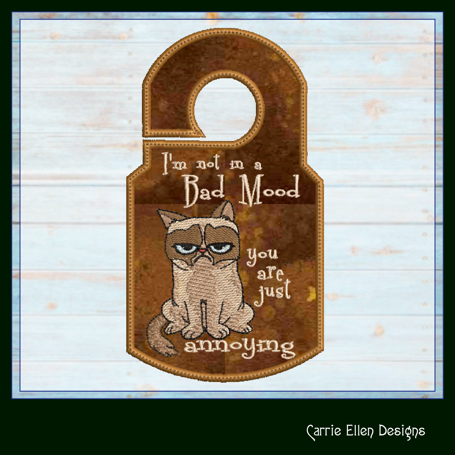 Bad Mood Cat ITH Door Knob Hanger Machine Embroidery Design, Grumpy Cat In The Hoop Door Sign Project (1425)