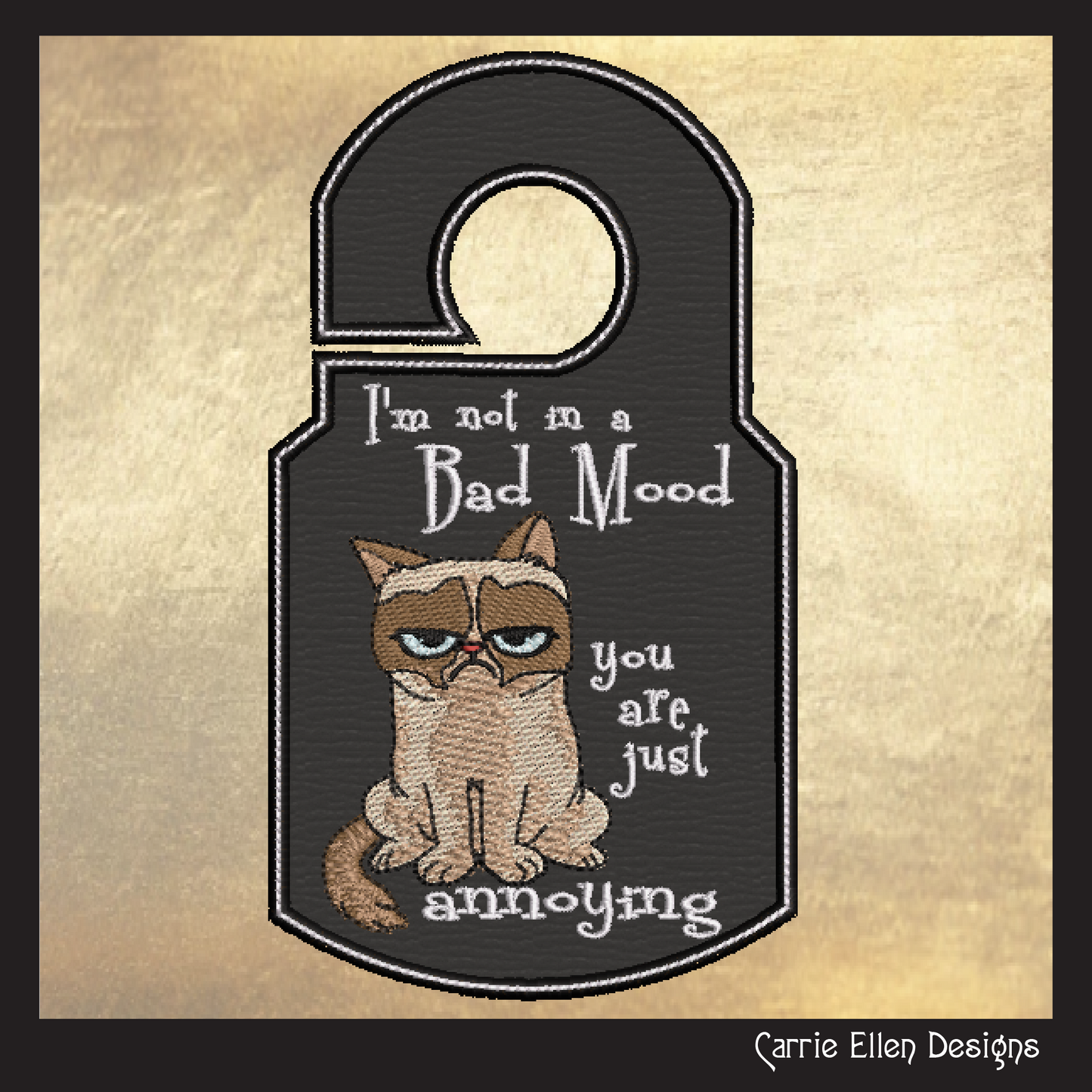 Bad Mood Cat ITH Door Knob Hanger Machine Embroidery Design, Grumpy Cat In The Hoop Door Sign Project (1425)